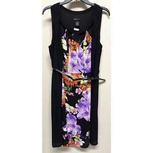 Lane Bryant Black Floral Mix Media Dress Size 16 Sleeveless Lined Belted NEW